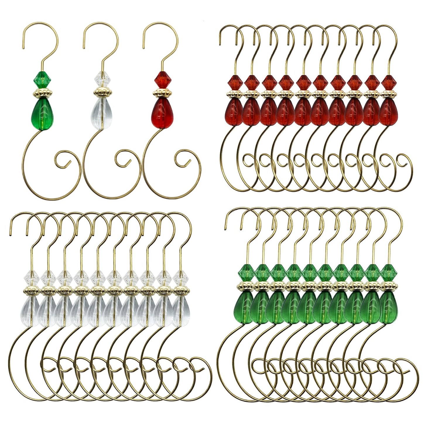 Furimuk 30 Pcs Ornament Hooks Hangers Christmas Decorative Hanging Stainless Wire with Acrylic Crystal Jewel Beaded, Swirl S-Shaped Hangers Hook for Christmas Tree Decorations