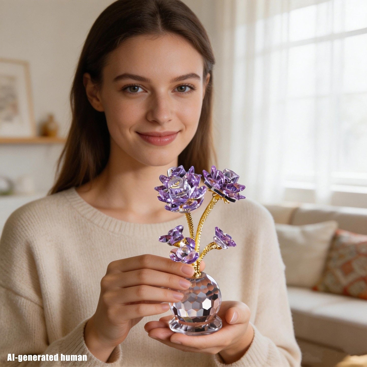 QFkris Purple Crystal Rose Flower Figurine Collectible Statue 6" Glass Flowers with Stems Ornament Home Decor for Valentines Day Thanksgiving,Christmas,Wedding,Mothers Day,Centerpiece,Gift for Women