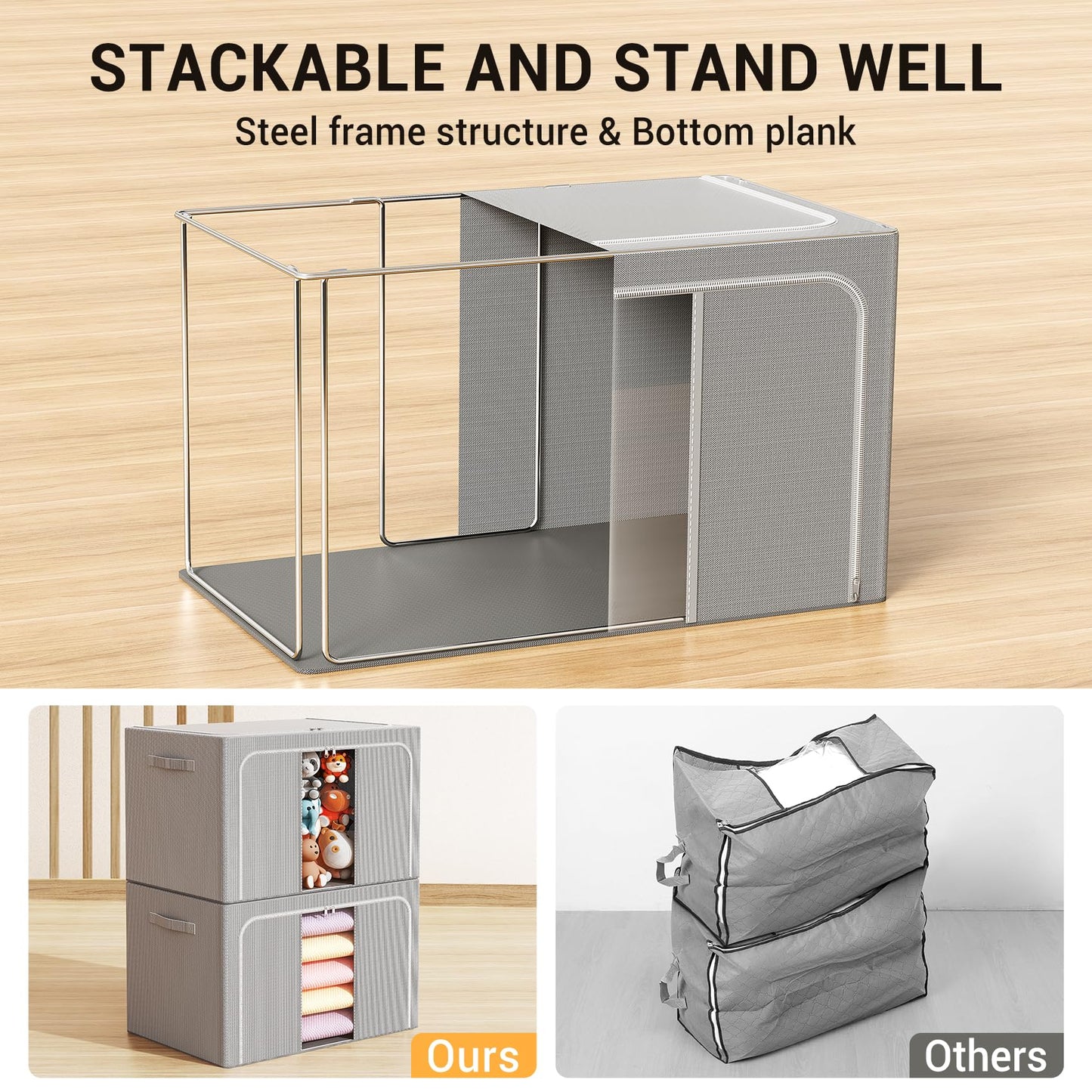 LeArex Clothes Storage Bins with Metal Frame Foldable Storage Box Clothes Organizers Storage Containers for Clothes Sheets Blankets Books Toys Gifts and Holiday Decorations (66Lx3 Pack)