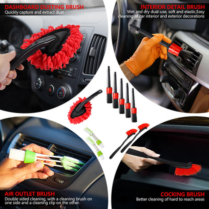 MIANYINGR 35Pcs Car Detailing Kit & Car Cleaning Kit – Windshield Tool, Long Wheel Brush & 2 Angled Brushes, 4 Polishing Pads & 4 Wax Pads – Red Tool Box – Gift for Men (B：35PCS-R)