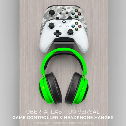 BRAINWAVZ The UberAtlas Dual Game Controller & Headphone Stand Wall Mount Holder for Xbox ONE, Series X, PS5, PS4, PS3, Switch, STEELSERIES Gamepad & More, Stay Organized No Screws