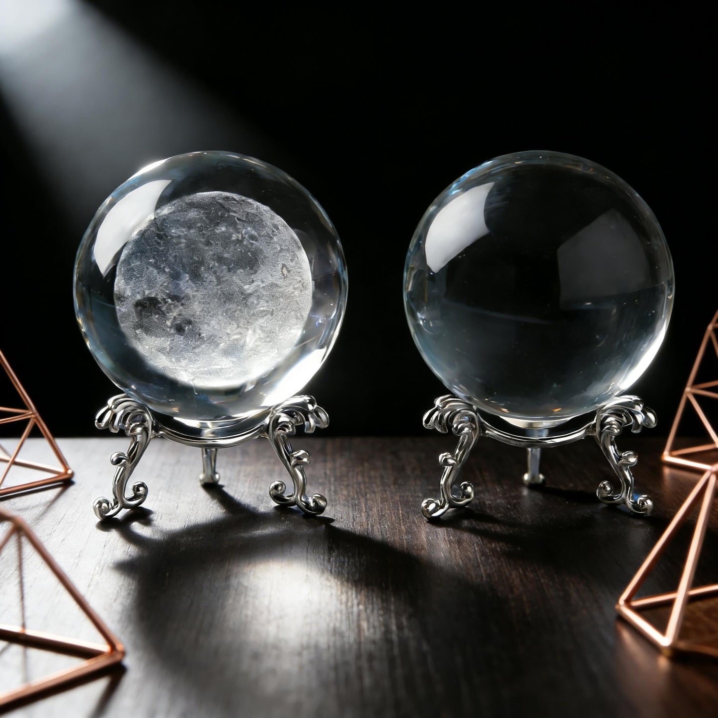 vskikris 2pcs Crystal Balls and 2 Silver Stands - 1 Clear and 1 3D Laser Moon Crystal Ball Paper Weights Collectible Figurines Gifts Photography Prop Home & Party Decor