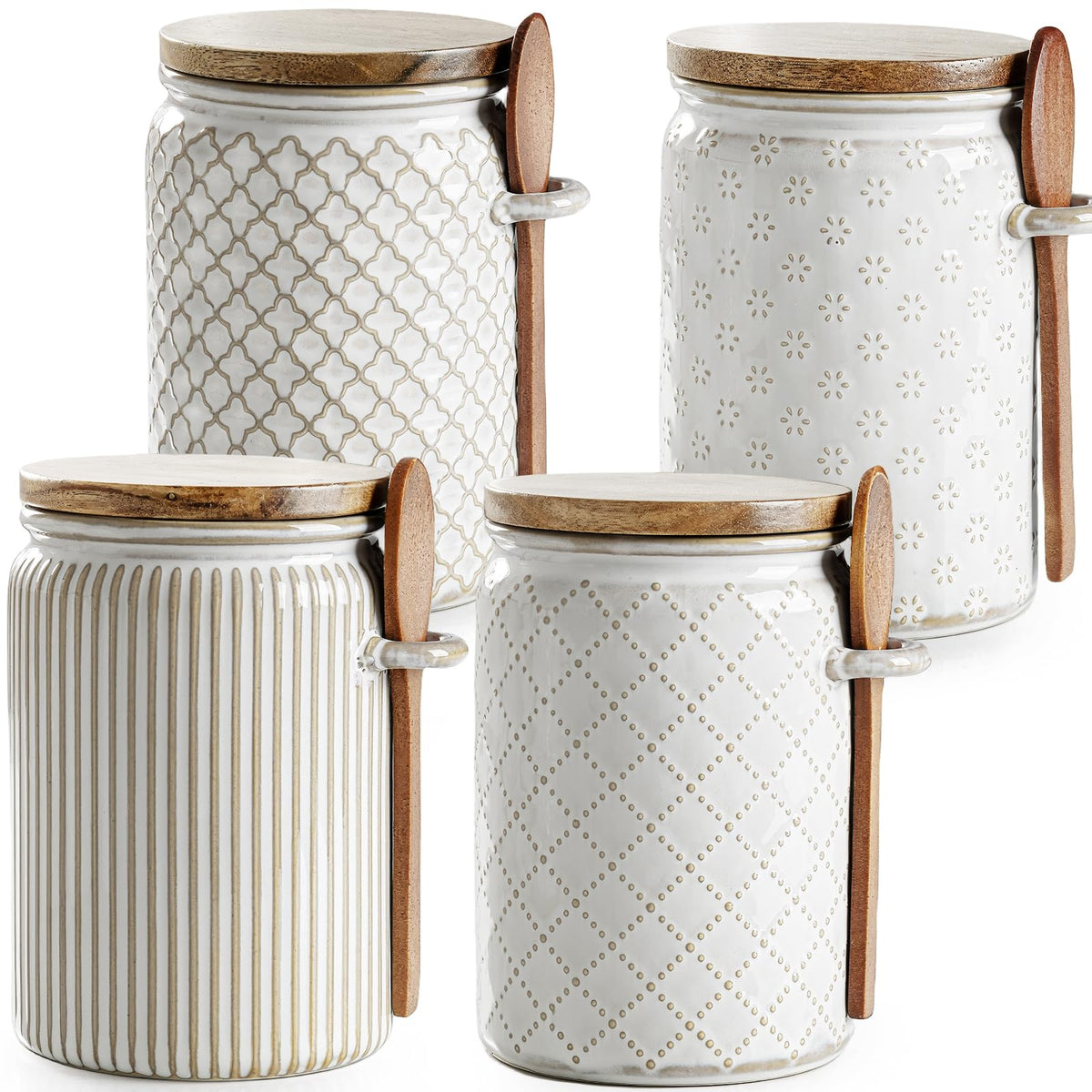 getstar Small Canisters Sets for the Kitchen, 18 oz Sugar Coffee Tea Storage Containers, Ceramic Kitchen Canisters for Countertop Set of 4 with Airtight Lids and Teaspoons
