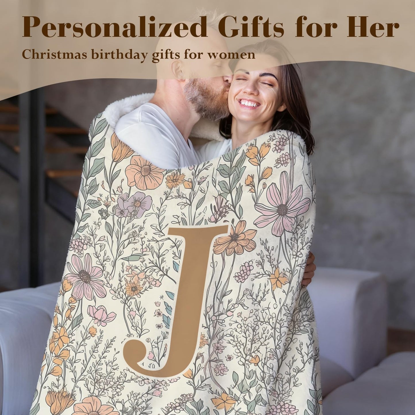 JXREQ Throw Blanket Initial Letter J Personalized Monogrammed Gifts for Women Teen Girls Frends, Boho Floral Throw Blankets for Bed Sofa Living Room Office, 50x60 Inch