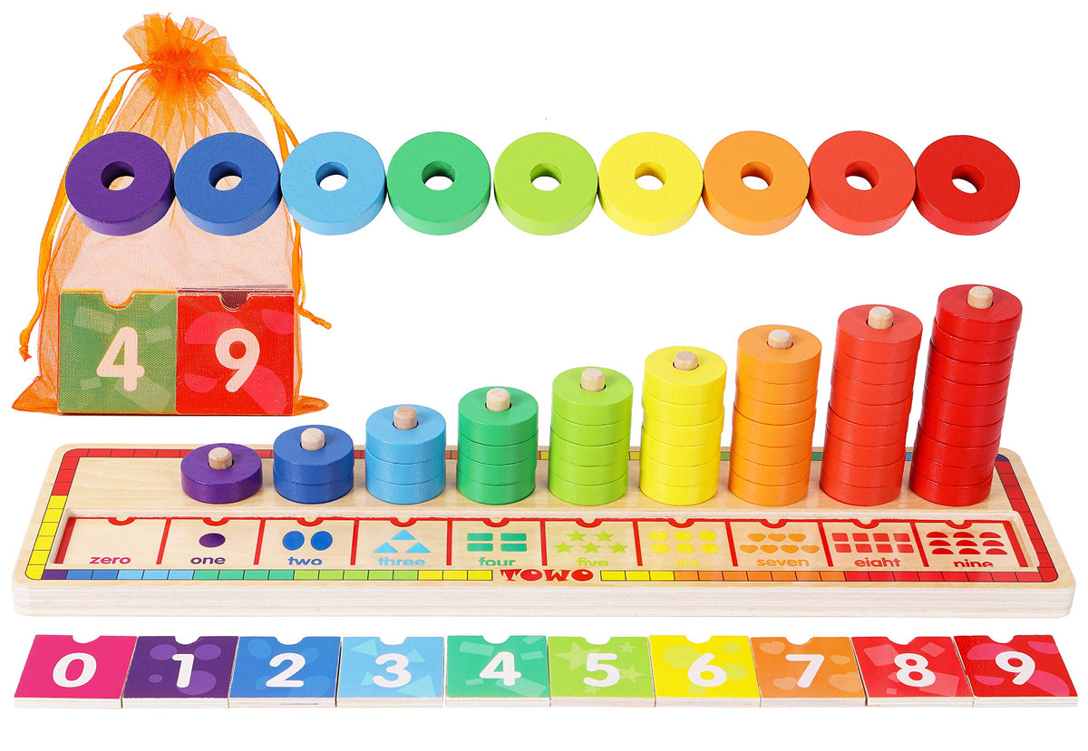 TOWO Wooden Stacking Rings and Counting Games with 45 Rings Number Blocks- Counting Ring Stacker-Wooden Sorting Counting Toy for 3 Years Old Kids Maths Learning Montessori Materials