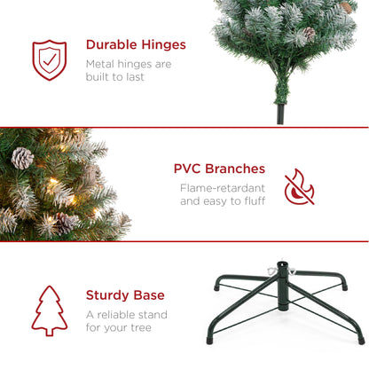 Best Choice Products 4.5ft Pre-Lit Pre-Decorated Pine Artificial Christmas Tree w/ 450 Flocked Frosted Tips, 32 Pinecones, 175 Lights, Base - Green