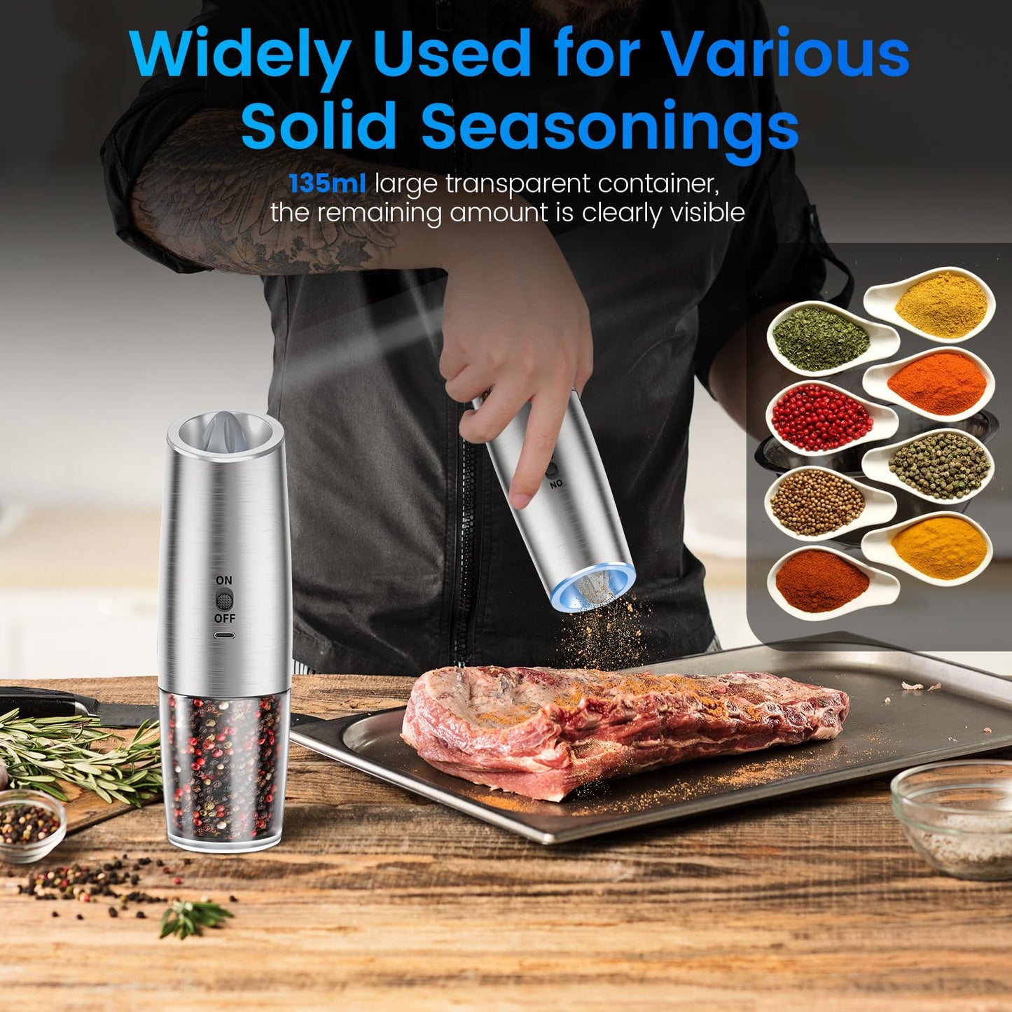 MealHelper Rechargeable Gravity Electric Salt and Pepper Grinder Set with LED Light, Type-C Fast Charging, Adjustable Coarseness, Large Capacity Grinder for Kitchen & Outdoor, (2 Pack-Stainless Steel)