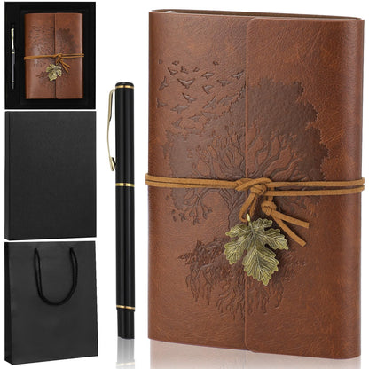 Gueevin Graduation Leather Journal and Pen Gift Set Refillable Notebook and Pen Set with Gift Bag Box 150 Pages A5 Lined Hardcover for Graduation Birthday Holiday Present, Brown