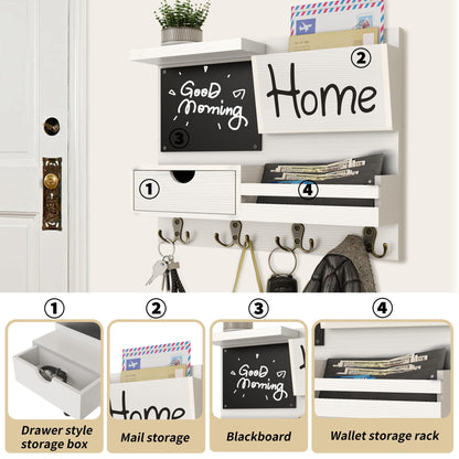 Farmhouse Key Holder for Wall with Mail Organizer - Easy Installation Wall Mount Organizer, Includes Chalkboard, Drawer, Wallet Holder & 4 Double Hooks, Ideal for Entryway, Quick Access - White