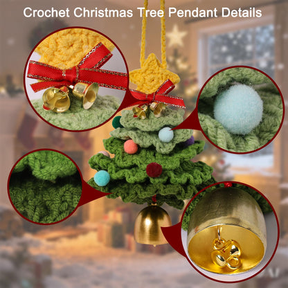 JSSTEM Handmade Crochet Christmas Tree, Hand-Knitted Ornaments Car Pendant with Bells, Stars, Bows & Pom Poms, Cotton Xmas Decor for Holiday Tree, Festive Gift, Home, Car and Party Decor, Green