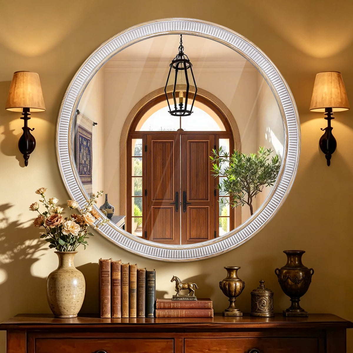 30 Inch Round Mirror, Rustic Farmhouse Circle Mirrors for Wall Decor