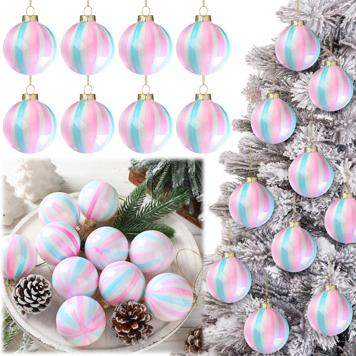 Jenaai 10 Pcs Easter Pastel Ball Ornaments 2.36 Inch Iridescent Glass Hanging Ball Decor Easter Pink Blue Striped Pendant for Christmas Tree Fireplace Window Weddings Birthday Holiday Party