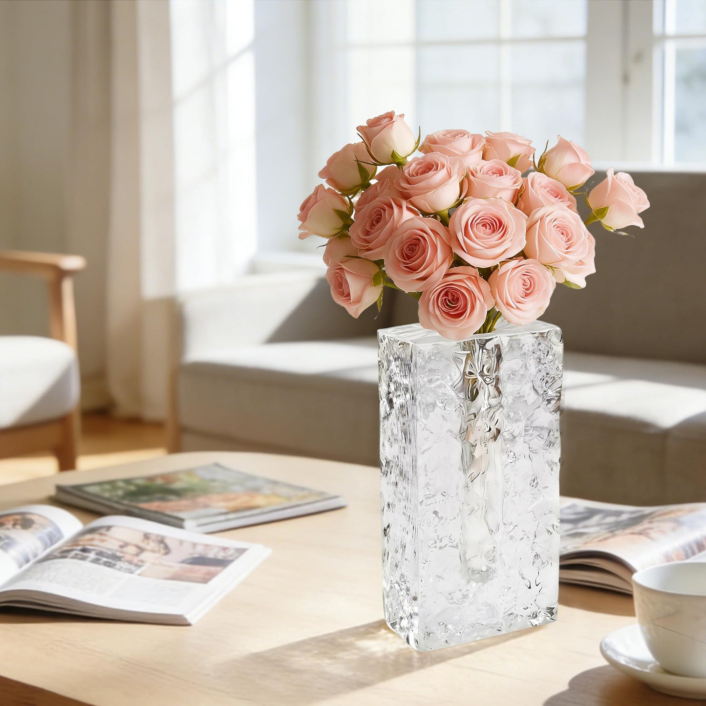 Marvala Crystal Flower Vase with Glacial Texture, Clear, Handcrafted Centerpiece for Wedding, Home Decor, Table Display