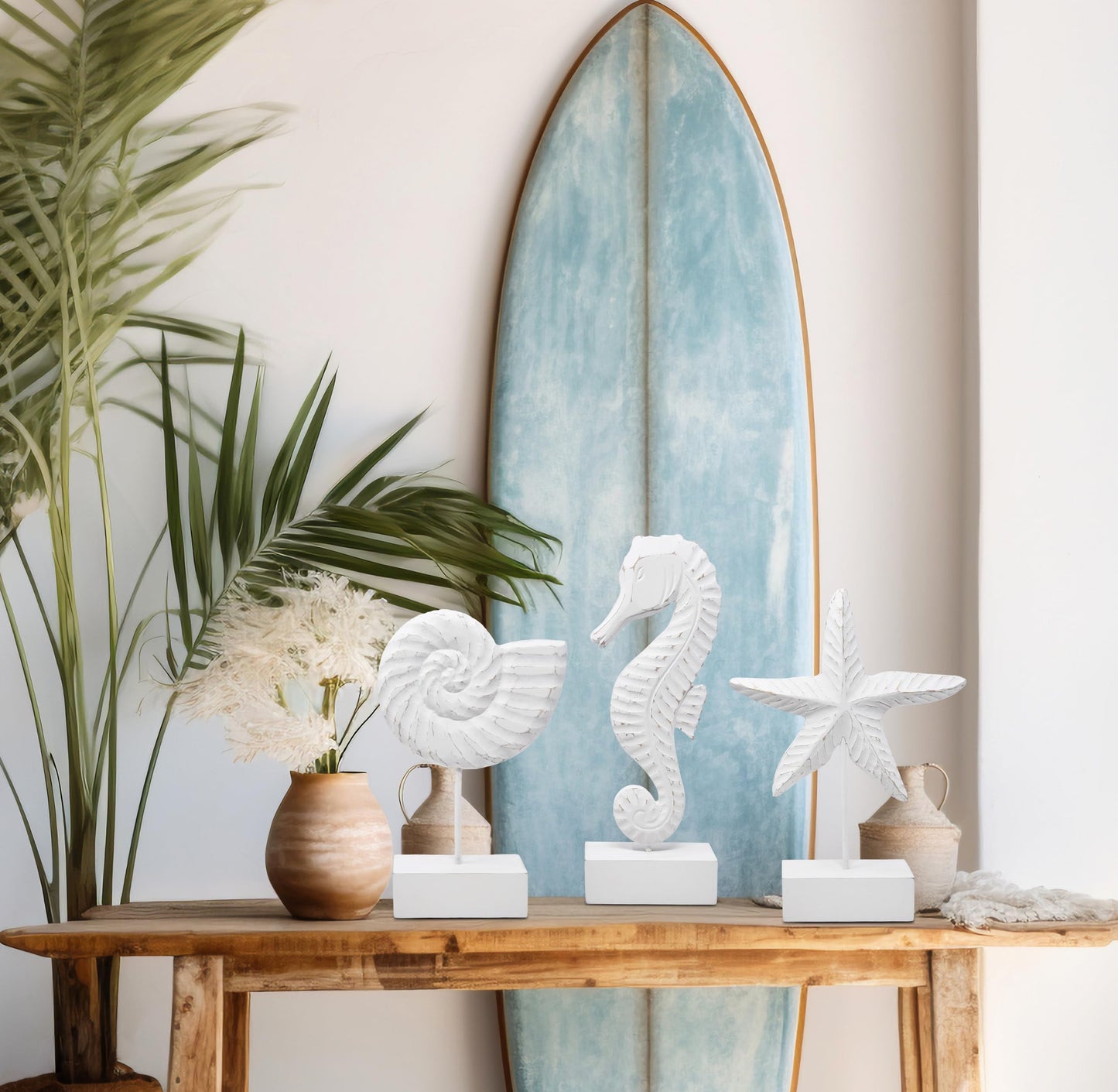Gift Boutique 3Pcs Beach Nautical Style Figurines Wooden Tabletop Decor - Seahorse, Starfish & Conch Statue on Stands for Home, Beach House, Ocean Coastal Decorations