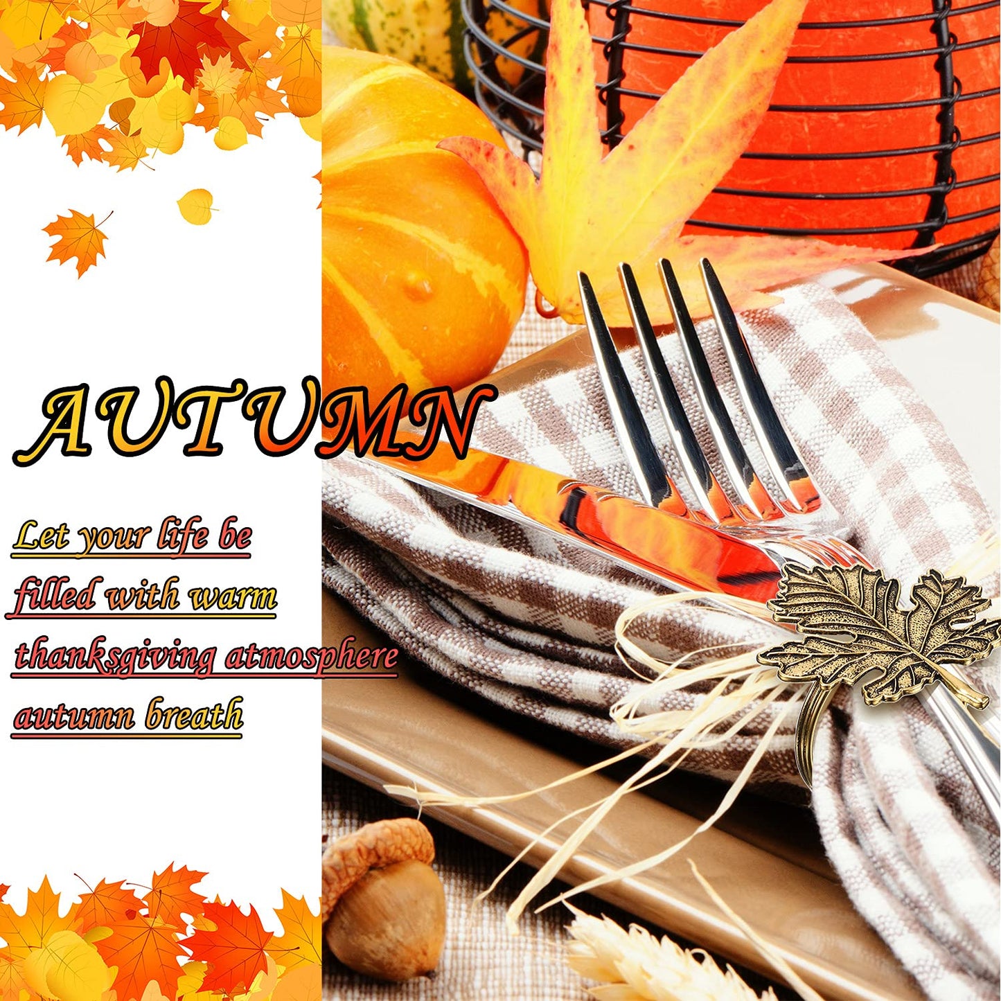 Patelai 12 Pieces Thanksgiving Napkin Ring Set Pumpkin Maple Leaf Fall Leaf Rings Halloween Napkin Holders Ring Kit for Thanksgiving Halloween (Maple and Pumpkin,Bronze)