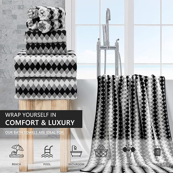 8 Piece Bathroom Towel Set Black White|2 Oversized Large Bath Towels Sheet