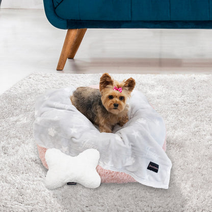 Juicy Couture Grey Paws and Stripes Dog Blanket with Sherpa Bone Shaped Pillow – Plush Puppy Blanket Throw, Breathable, Lightweight, Machine Washable, Cat Blanket for Small Medium & Large Pets