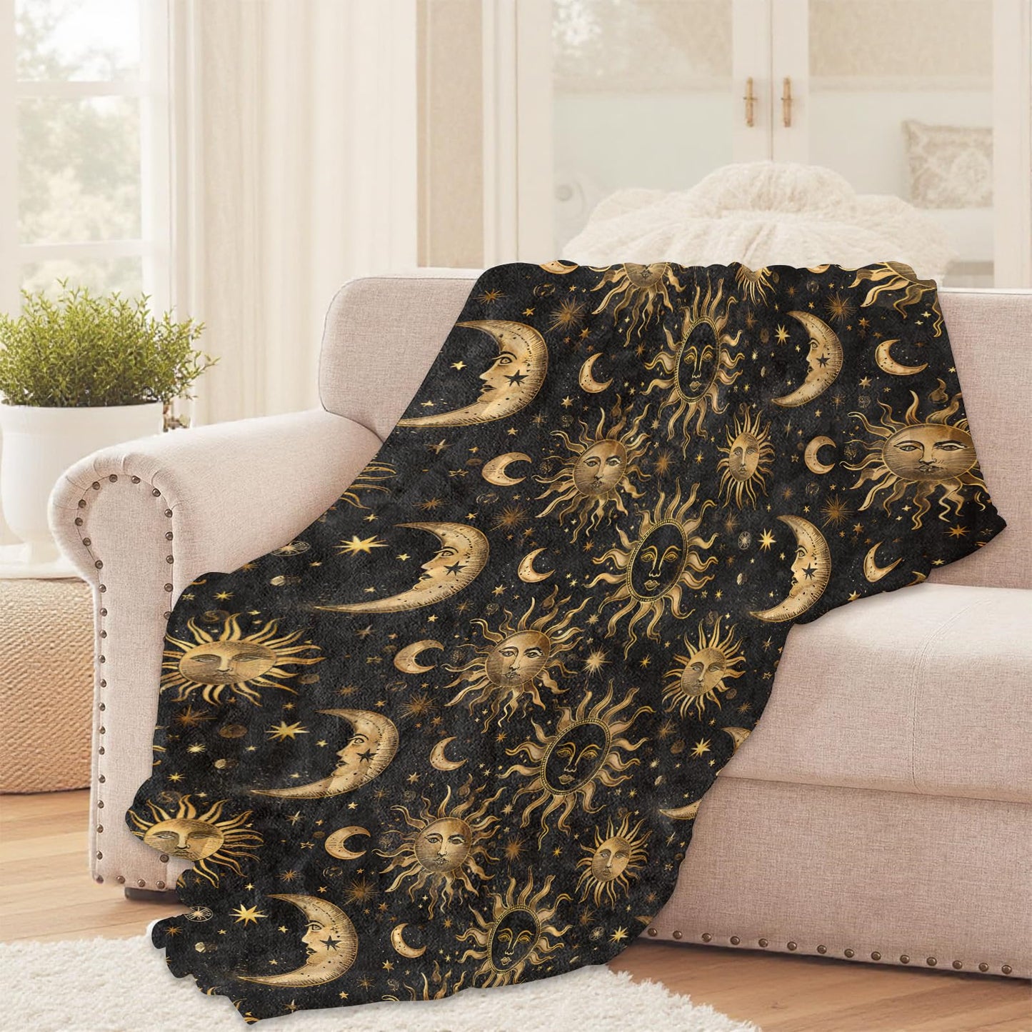 Celestial Sun and Moon Throw Blanket for Girls Boys Kids Adults, 50x60 in, Cozy Flannel Blanket for Bedroom, Camping, Couch, Room Decor, Fuzzy Warm Soft Gifts