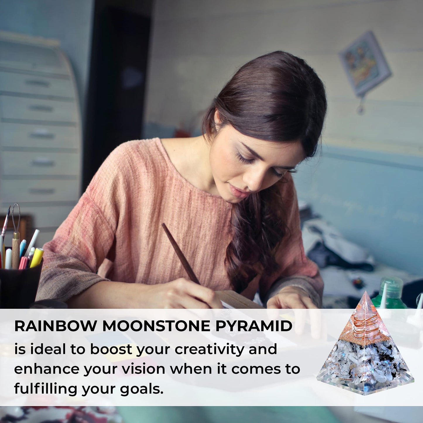 Ever Vibes Rainbow Moonstone Orgone Pyramid - Handmade Healing Crystal Gemstone for Positivity, Strength, Meditation, Reiki, Yoga, Spiritual Gift, Home & Office Decor