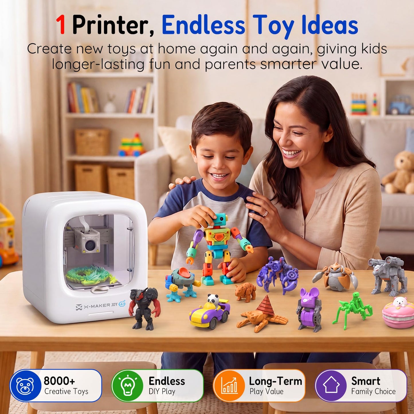 AOSEED 3D Printer for Kids, Fully Assembled AI 3D Printer with 8,000+ Models & 17+ Modules, 400mm/s High Speed, Leveling Free, STEM Toy Gift with 1 PLA Filament for Home & School, X-Maker Joy AI+