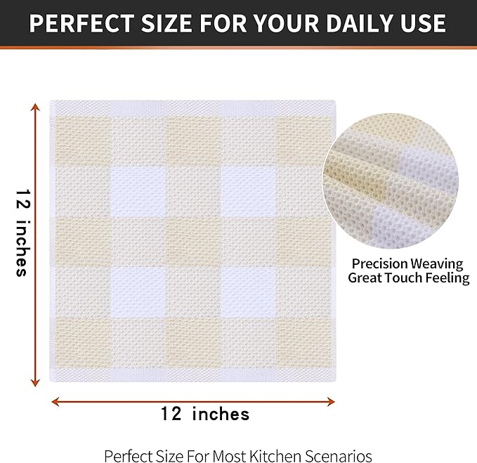 Homaxy 100% Cotton Waffle Weave Check Plaid Dish Cloths, 12 x 12 Inches