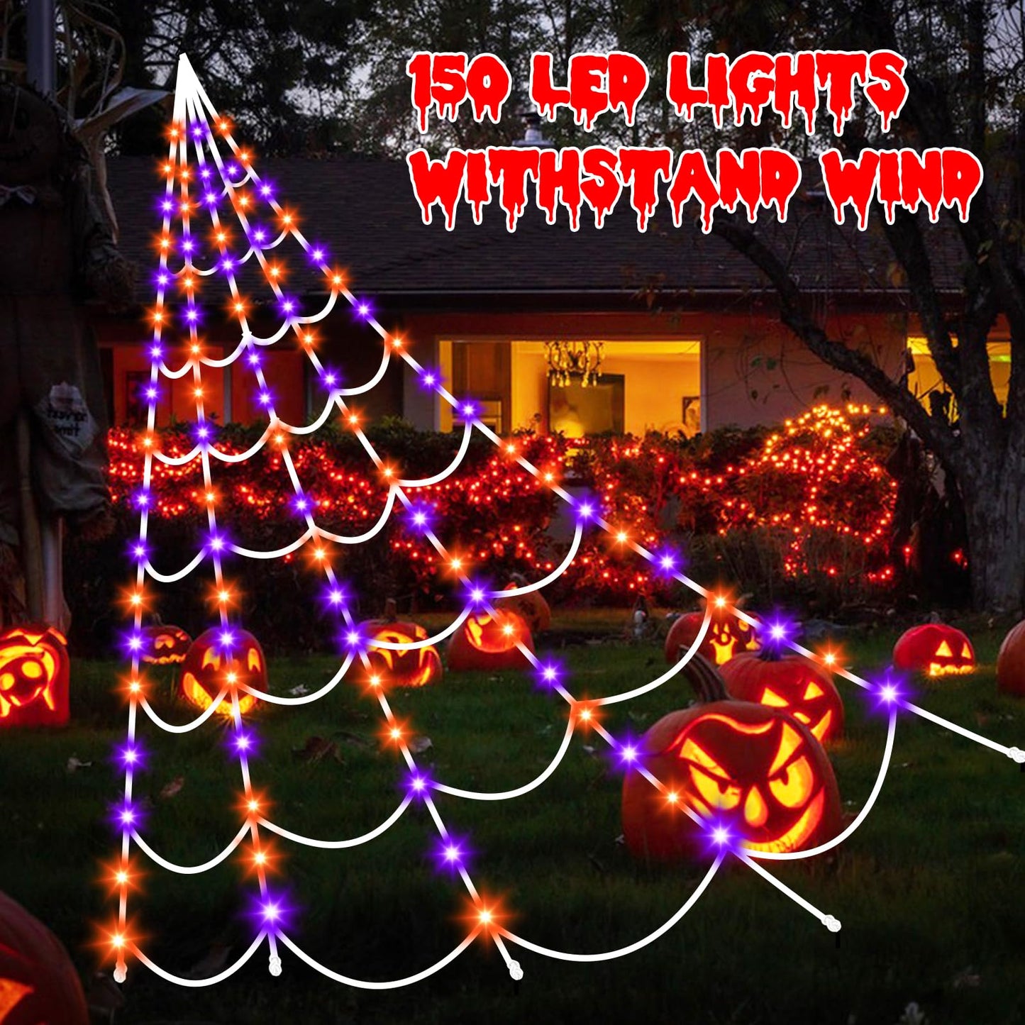 Halloween Decorations Outdoor Spiders Web Lights: 150 Purple & Orange LED Light Decor, 17.4Ft Giant Spiderweb with 8 Lighting Modes Waterproof & Timer, Yard Spider Web Decoration