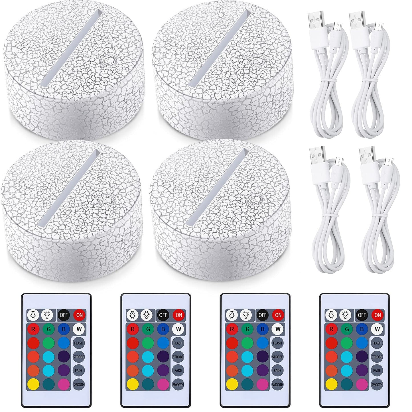 Honoson 4 Pieces 3D LED Lamp 16 Color Illusion Light Crack Night Base Battery or USB Operated Remote Control Light Stand Base for Christmas, Birthday