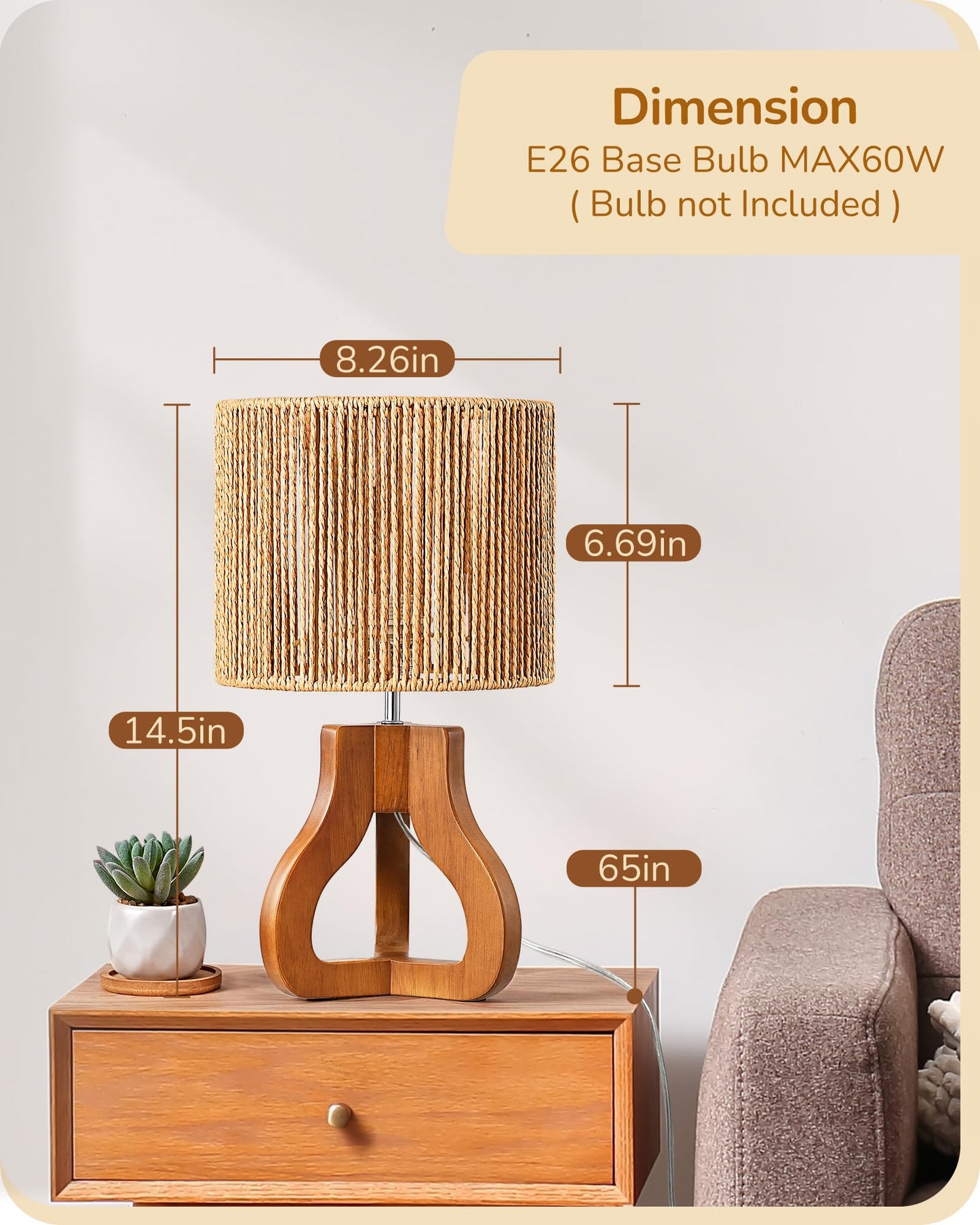 EDISHINE Small Table Lamp, Rose Wood Tripod Nightstand Lamp, Handwoven Paper Rope Shade, 14.6" Rattan Bedside Lamp for Bedroom Living Room, Office, On-Off Line Switch, E26 Base(Bulb Not Included)