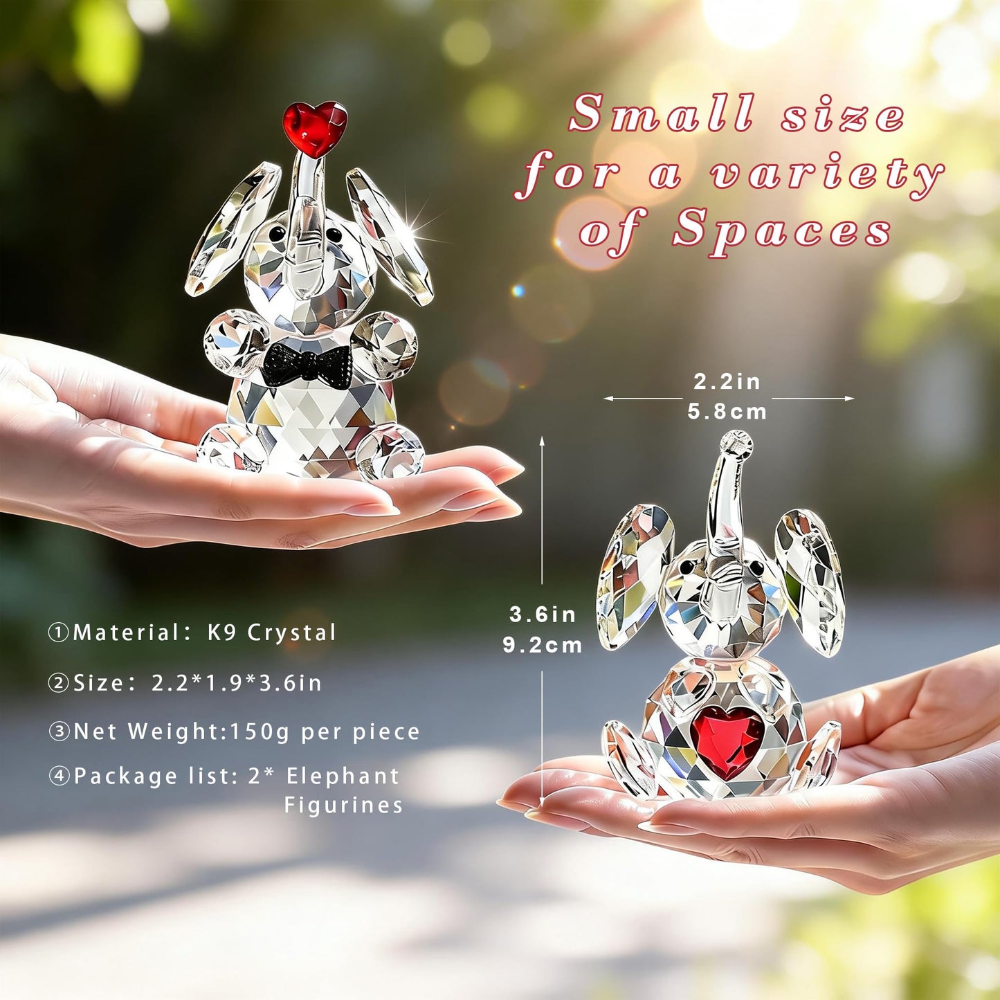 HDCRYSTALGIFTS Set 2 Crystal Elephant Figurines Gift for Women 3.5'' Miniature Glass Animals Collectible Valentine's Day Wedding Anniversary Tabletop Decoration