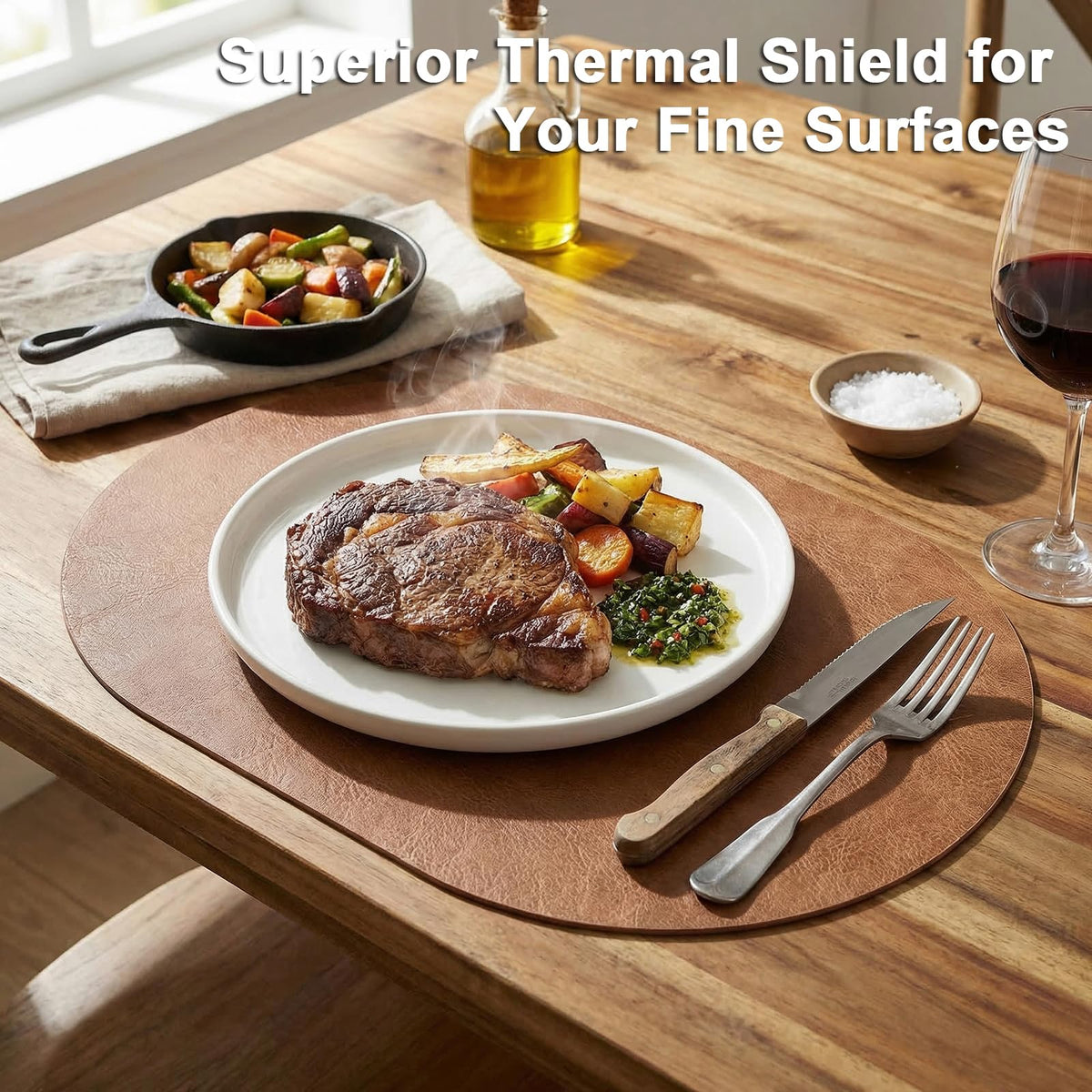 BIPASION Oval Placemats 2mm Ultra Thick Faux Leather Table Mats, Heat Resistant Waterproof Wipeable Dining Mats for Kitchen Table, Set of 8, Light Brown