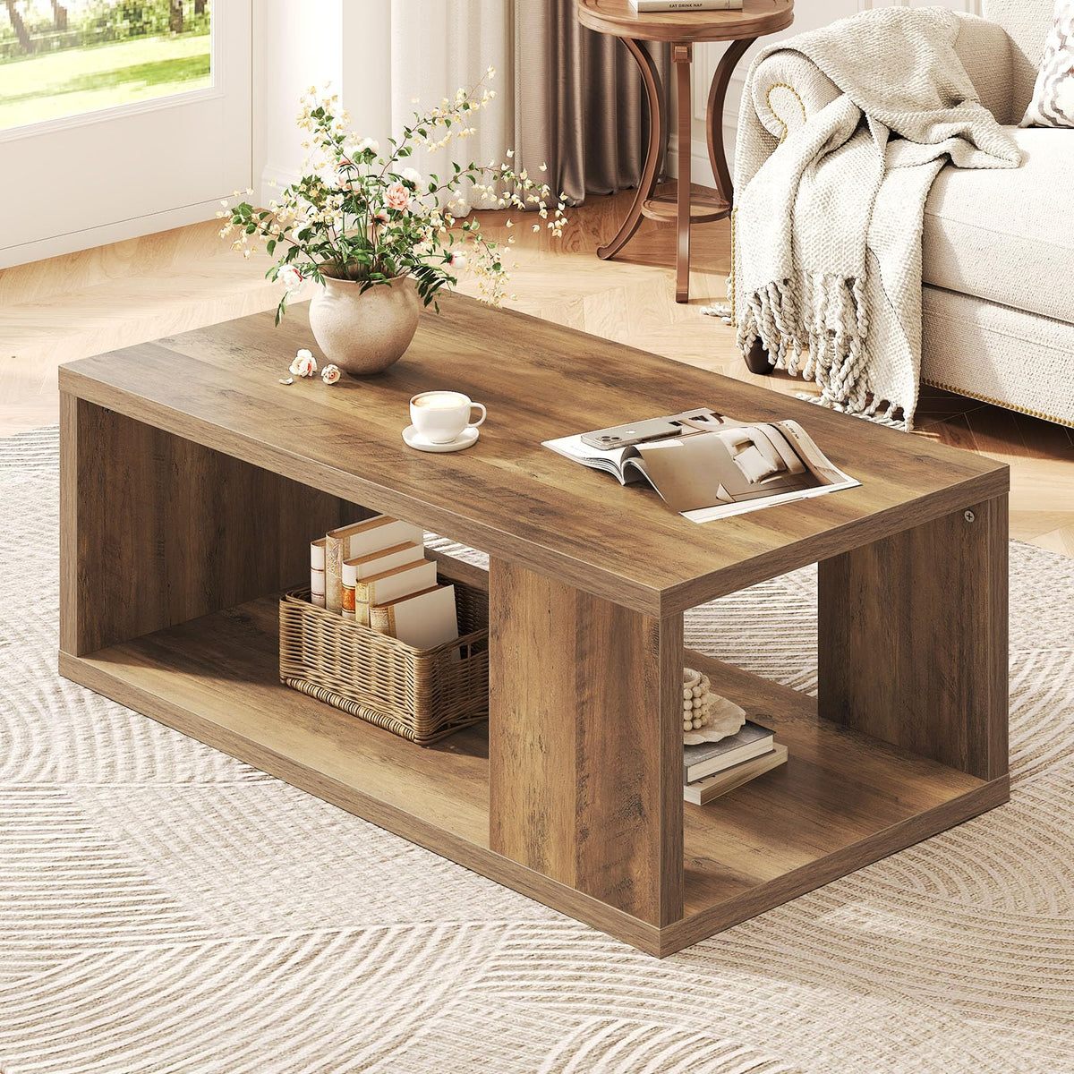LVB Rustic Coffee Table with Storage, Modern Wood Coffee Tables for Living Room, Farmhouse Large Wooden Rectangle Center Table, Unique Wide Low Tea Table for Small Home Office, 39 inch, Rustic Oak
