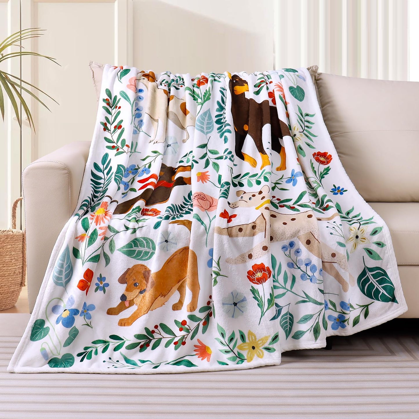 Dog Blanket Ultra Soft Floral Throw Blankets Gifts for Dog Lover Blanket Flower Leaves Flannel Fleece Throw Lightweight Warm Cozy Fuzzy Plus Cabin Blanket for Bed Sofa, 50" X 60"