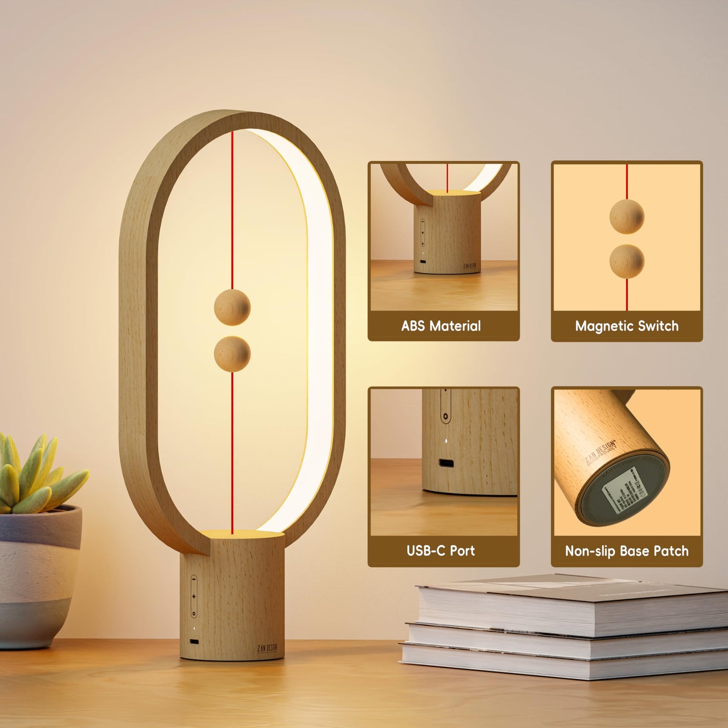 Xhope4u Table Lamp for Bedroom - Balance Lamp,Bedside Lamp with Touch Dimmer,Nightstand Lamp,3 Level Brightness Rechargered Night Light for Home,Office,College Dorm (Wood Color)