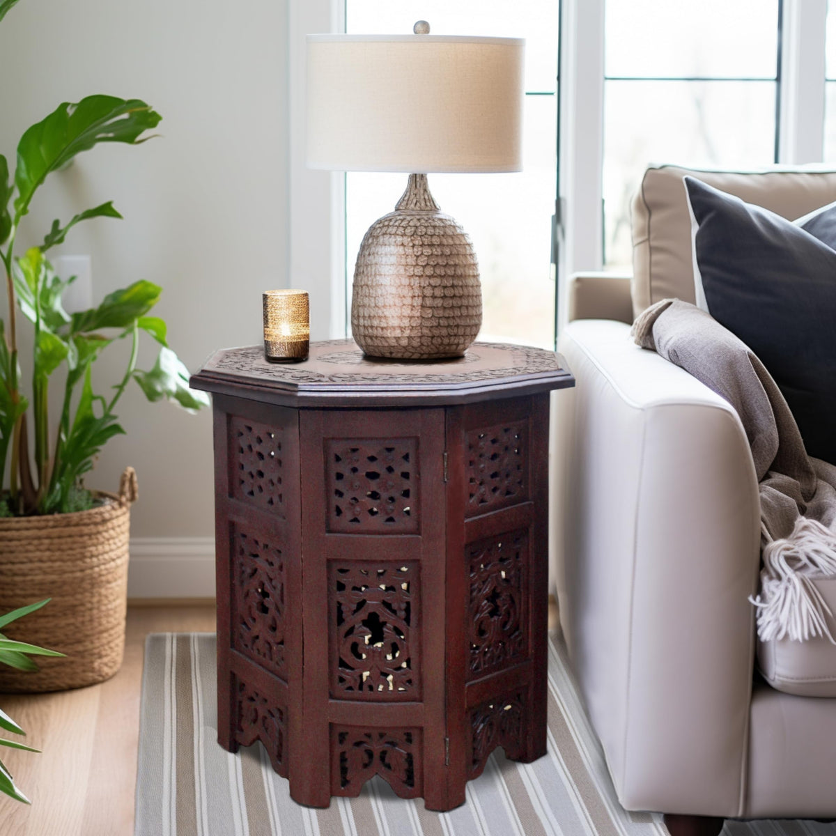 COTTON CRAFT Solid Wood Accent End Table - Hand Carved Vintage Boho Folding Side Table - Small Spaces Entryway Farmhouse Living Room Bedside - No Tools Assembly - 18x18 Octagon - Brown