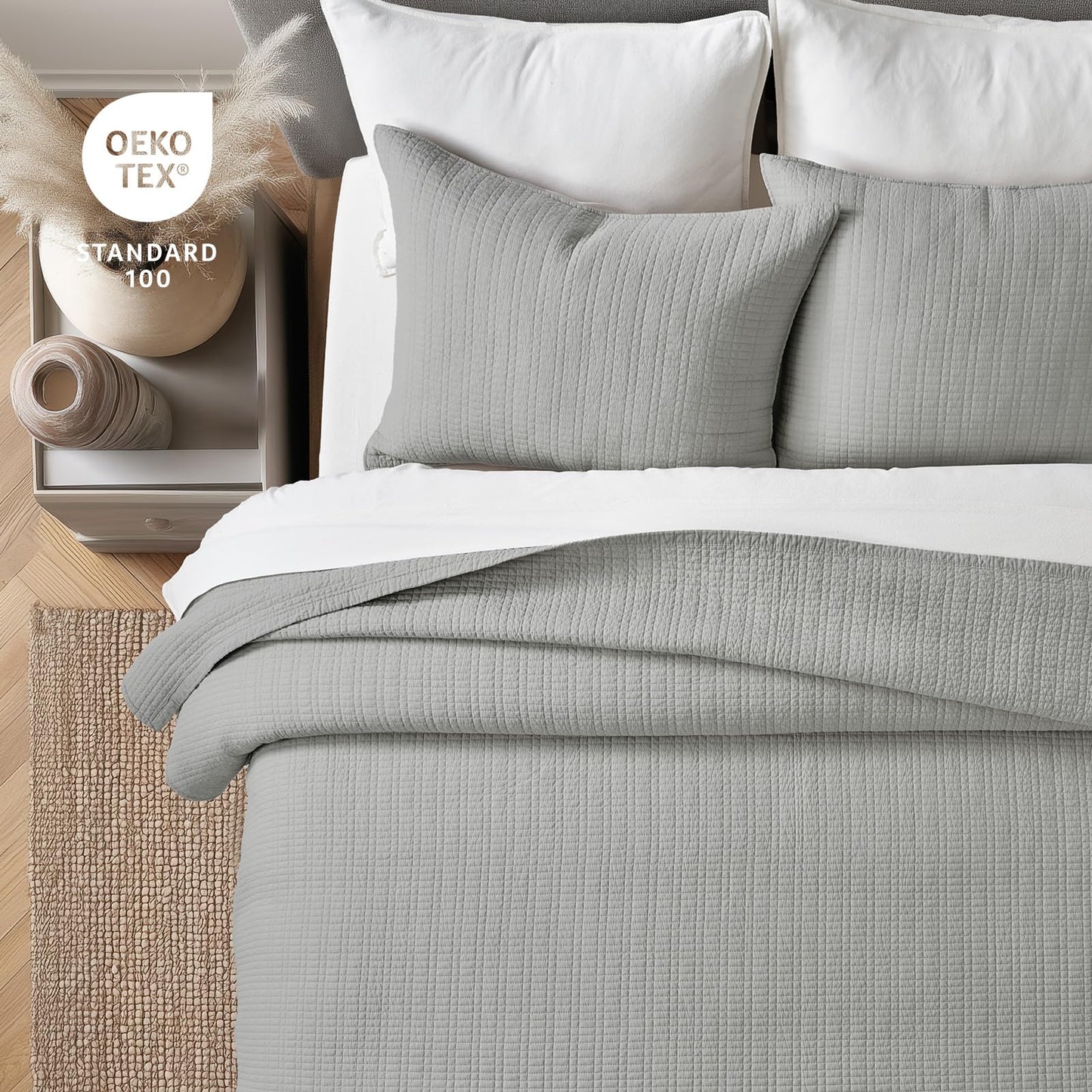 EverGrace 100% Cotton Quilt King Size, Pre-Washed Modern Grid Stitch Lightweight Bedspread Coverlet for All Season, Oversized 3-Piece Bedding Set with 2 Pillow Shams, Drizzle Gray