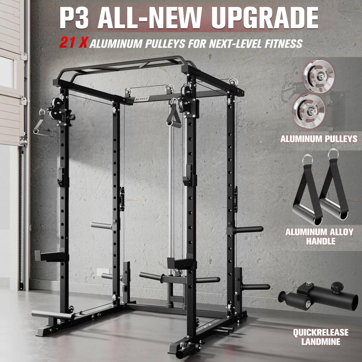 RitFit Multi-Function Garage & Home Gym Package Includes 1200LBS Power Cage PPC-P3 with Cable Crossover System, Weight Bench, Olympic Barbell Weight Set, Full Body Workout-BLK,Bumper Plate 230lbs