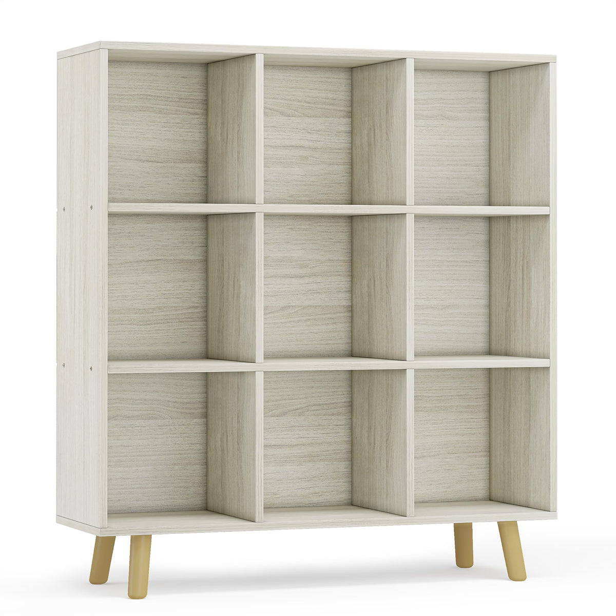 ELYUP 9-Cube Open Shelf Bookcase - 3-Tier Wooden Floor-Standing Bookshelf with Legs and Backpanel, Ideal for 11-inch Fabric Storage Bins and Miscellaneous Organizer, Oak