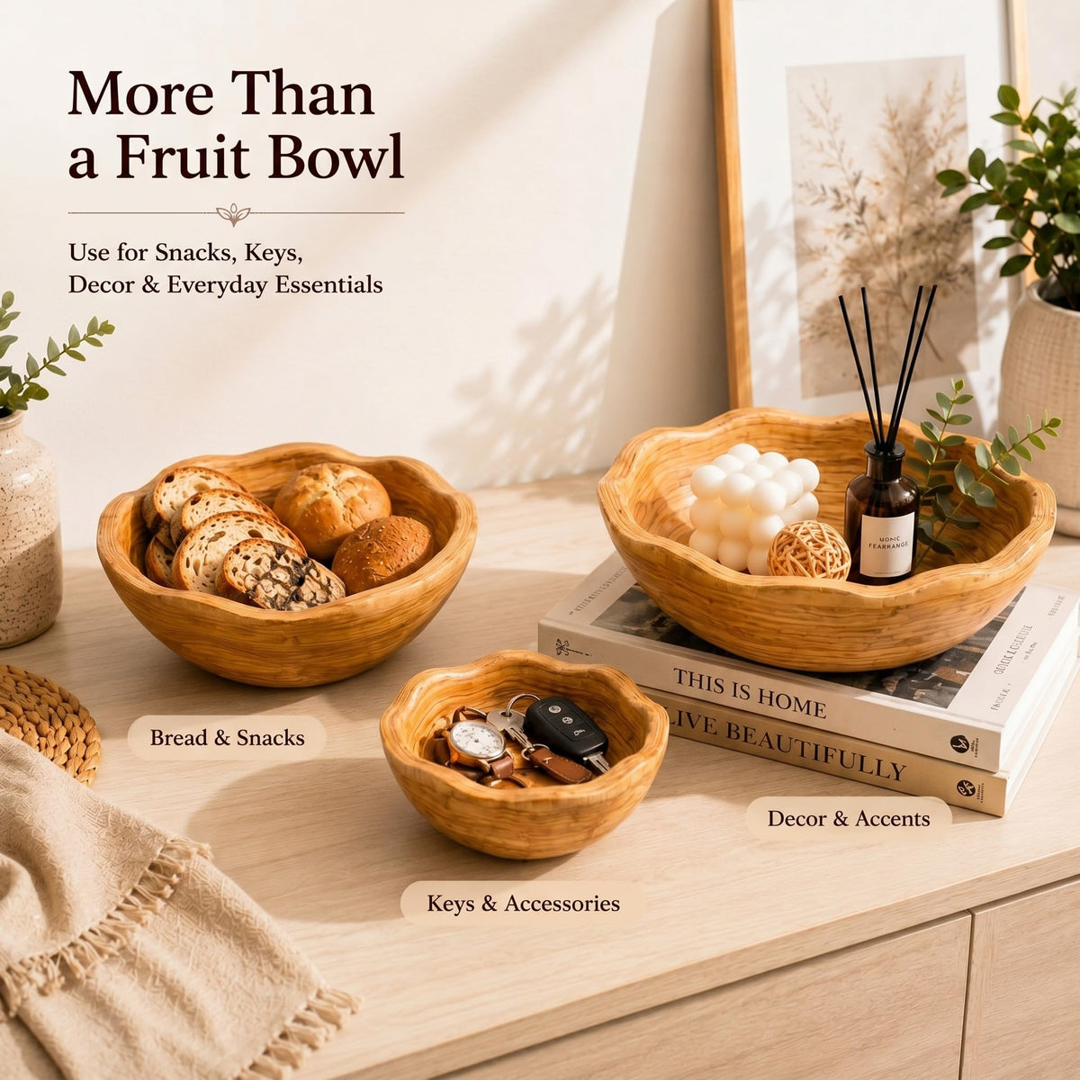 Hushee Set of 3 Wooden Bowls Decorative 8"-14" Handmade Natural Wood Fruit Bowl Creative 3 Sizes Rustic Keys Serving Wood Dish Decor for Entryway Kitchen Counter Bread Salad Snack Dough Candy Dish