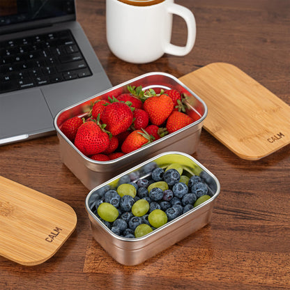 Calm Organics Stainless Steel Food Containers with Bamboo Cutting Board Lids | Set of 3 Reusable Meal Prep Boxes | Airtight Leak-Resistant | Dishwasher Safe | BPA-Free | 2, 4, 6 Cup Sizes