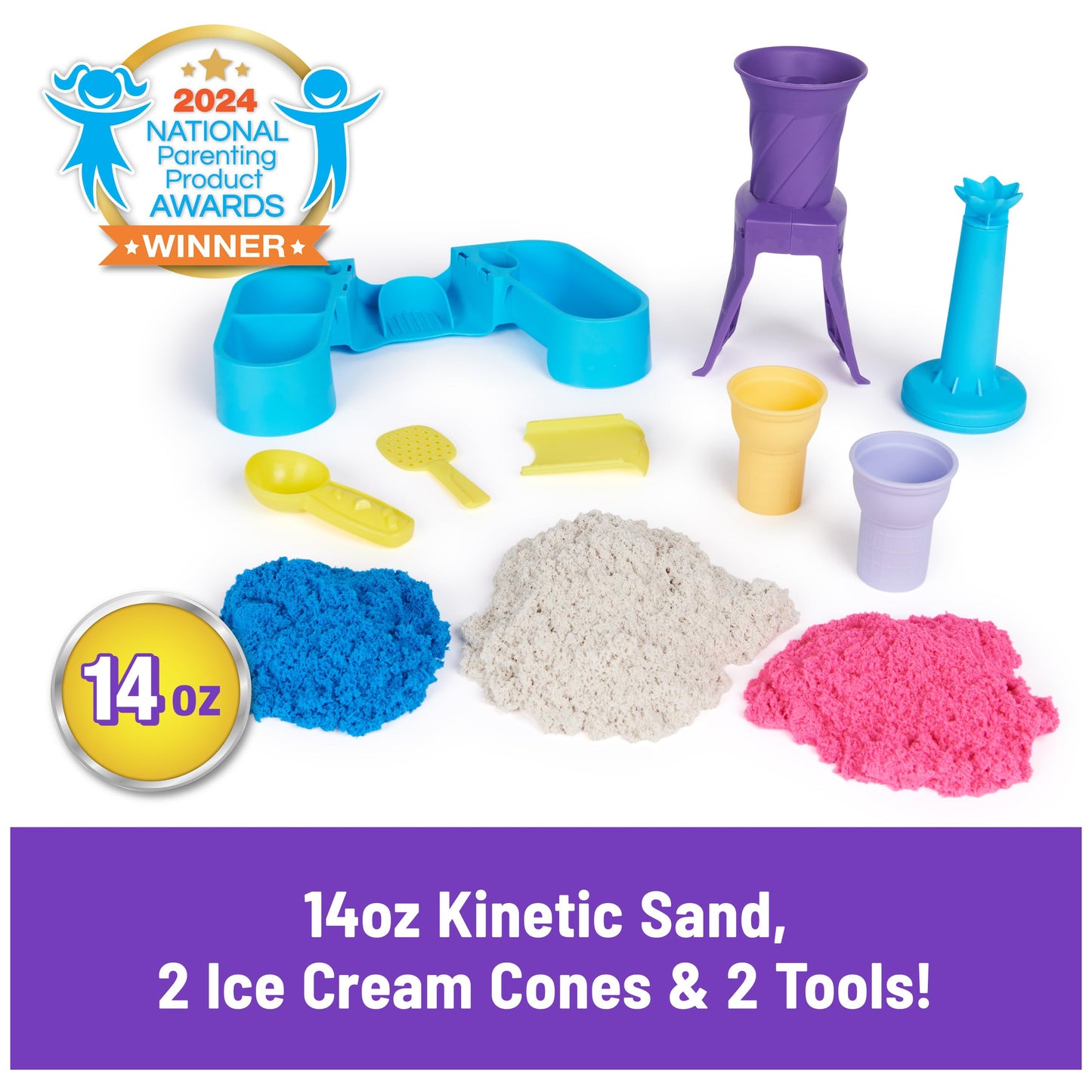 Kinetic Sand, Soft Serve Station with 396g of Play Sand (Blue, Pink and White), 2 Ice-Cream Cones and 2 Tools, Sensory Toys for Kids Aged 5 and up