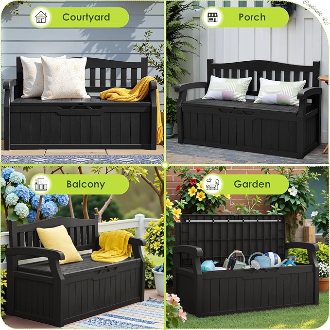 Greesum 80 Gallon Outdoor Storage Bench, Weather-Resistant Deck Box, Patio Furniture Bench for Backyard, Garden, Porch, Large Capacity Seat for Pillows Cushions Patio Accessories, Dark Black