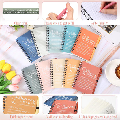 Resurhang 10 Sets Difference Maker Employee Appreciation Gifts Bulk Inspirational A6 Spiral Notebooks Journal with Ballpoint Pens for Teacher Nurse Volunteer Coworker Staff Team Gifts (Morandi Colors)