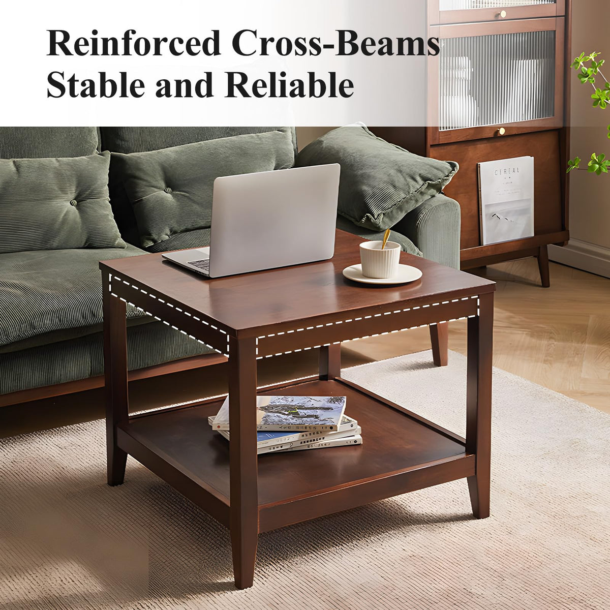 Cttasty Side Table, Solid Wood Square End Table with Storage Shelf, 2-Tier Coffee Table for Living Room, Rubber Wood Small Sofa Table, Nightstand 23.62 H x 23.62 W x 23.62 D Inches (Walnut)
