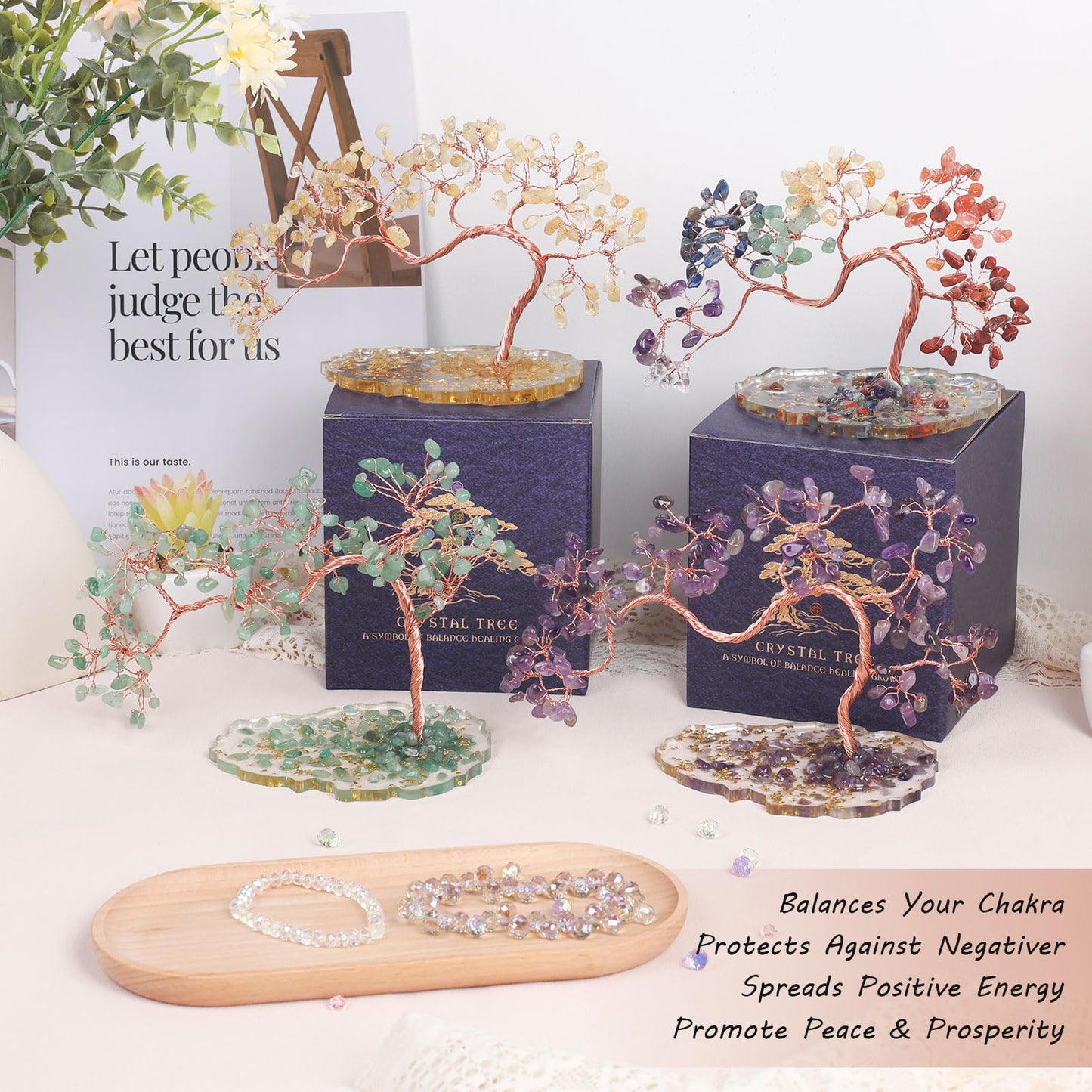 Pretty Jolly 7 Chakra Healing Stones Purple Crystals Tree of Life Positive Energy Gemstone Money Tree Spiritual Meditation Reiki Gifts with Acrylic Glue Base for Home,Office,Desk Feng Shui Décor