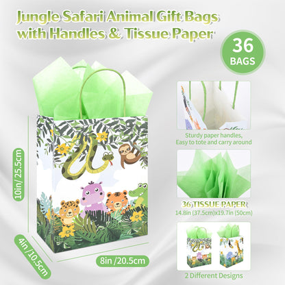 36 Pack Medium Jungle Safari Woodland Animal Themed Paper Gift Bags with Handles and Green Tissue Paper for Birthday Baby Shower Party Favors Goodies Treats, 10x8x4 Inch (2 Assorted Designs)