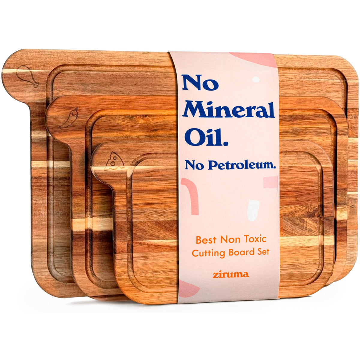 Non-Toxic Acacia Cutting Board Set of 3, Mineral Oil Free, Plastic Free
