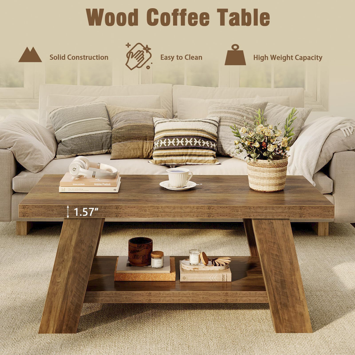 Tohomeor 47.24" Coffee Table for Living Room, Farmhouse Solid Wood Coffee Table with Storage, Rectangle Rustic Accent Center Table with for Home Apartment Office, Retro Brown