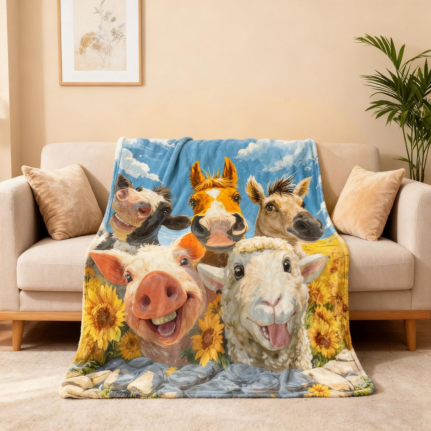 kampdream Funny Animal and Sunflower Flannel Blanket Throw, Super Soft Cozy Nap Blanket with Cute Cartoon Animal for Sofa Travel and Camping, for All Seasons 50"x60" inch Cow Sheep Horse