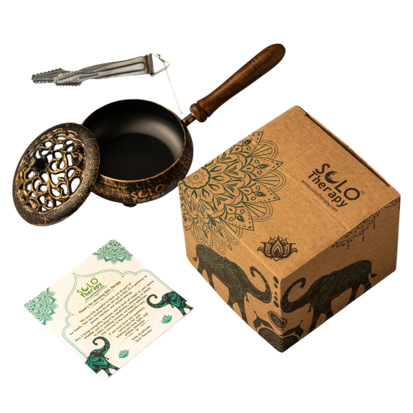Iron Charcoal Burner with Lid & Wood Handle with Charcoal Tong, 9" Golden Finish, Burner for Incense, Charcoal Burner with Handle, Includes Charcoal Tong