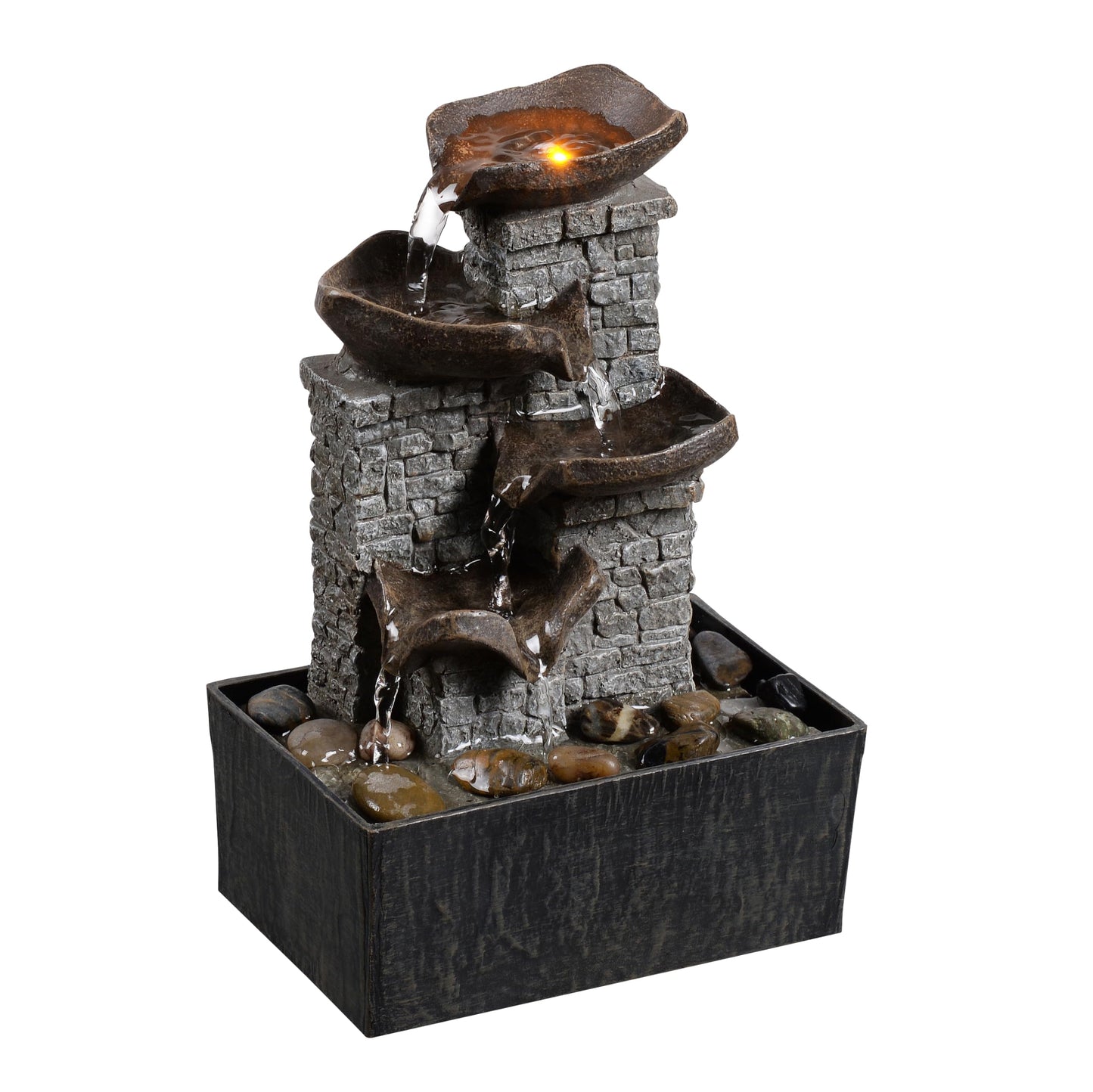 MAOCHI Tabletop Indoor Water Fountain Cascading with 3-Tier Bowl Brick Wall Design with LED Light Tabletop Zen Decor